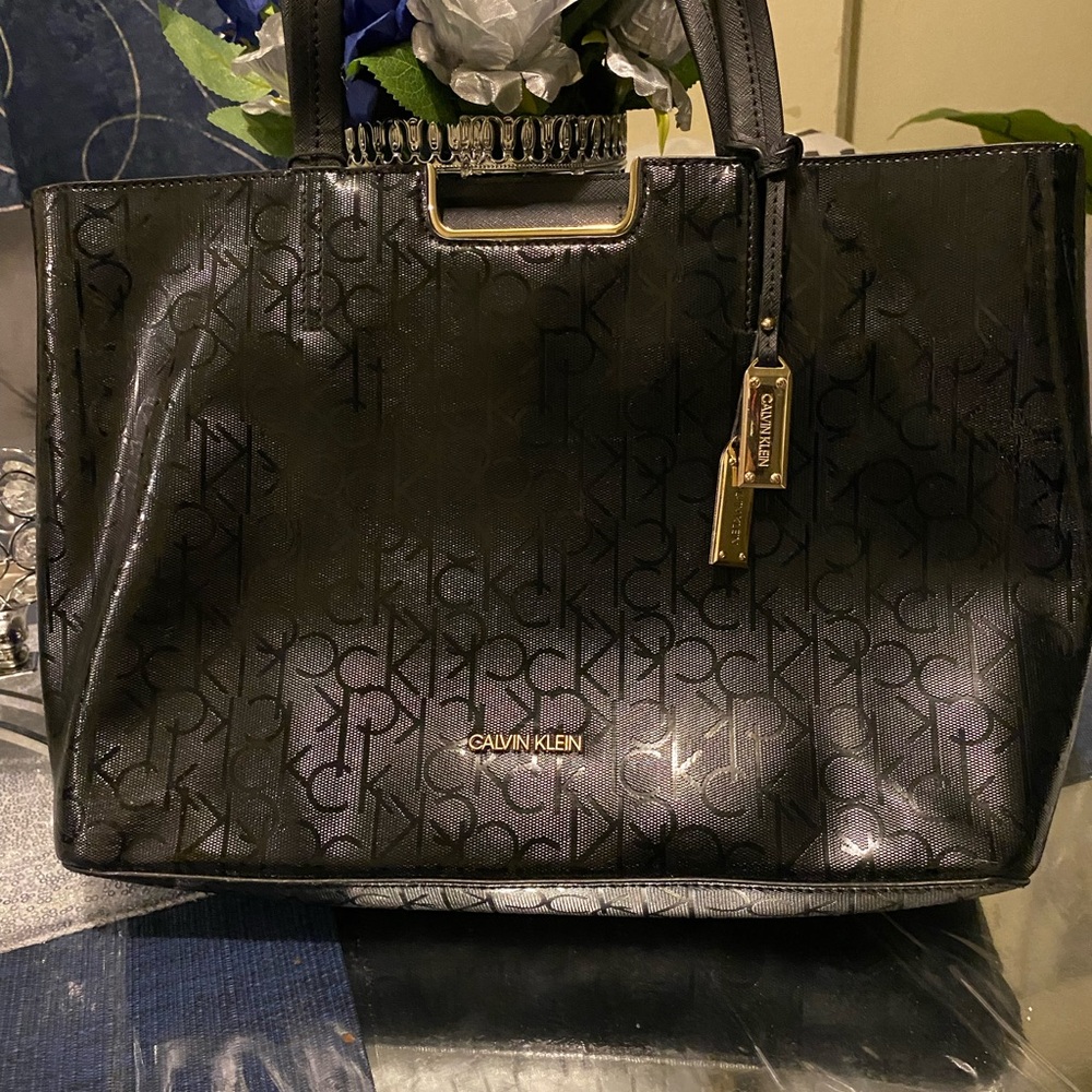 Calvin Klein Black Leather Tote with Gold Accents